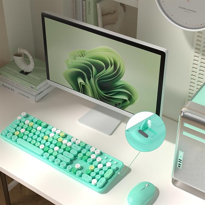 MPTOG Colorful Wireless Computer Keyboard and Mouse Combo (Green-Colorful) | Retro Round Typewriter Keycaps, Power Switch, Ergonomic Design, 2.4GHz Wireless for Windows, Mac, PC