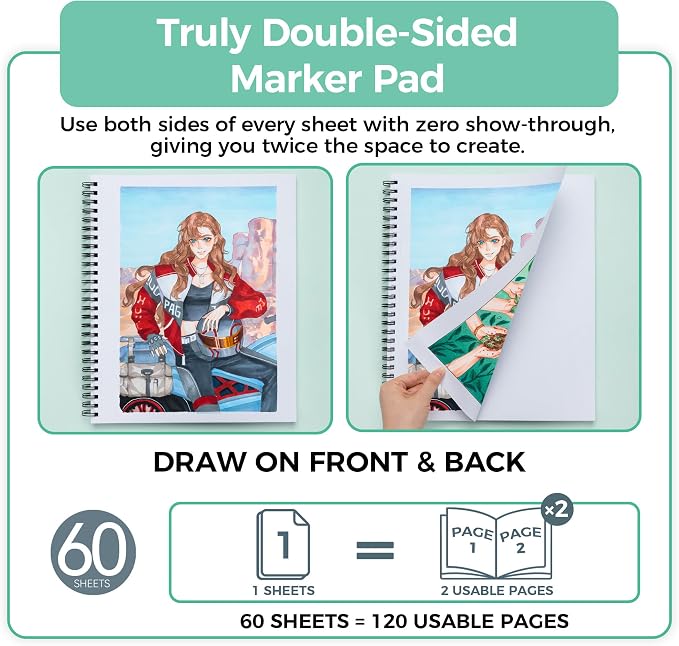 Ohuhu Double-Sided Marker Pad Sketchbook Bleedproof - 11"x14" Large Paper Size - 90 LB/150 GSM Smooth Drawing Paper - 60 Sheets/120 Pages - Spiral Bound Sketching Book for Alcohol Markers