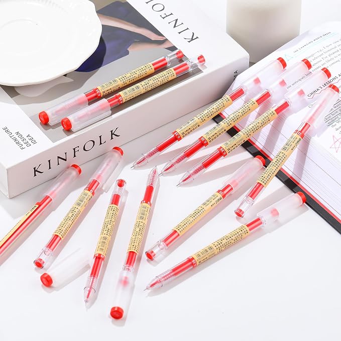 Japanese Style Red Gel Ink Pens, 0.35mm Extra Fine Point, No Smudge Quick Drying, Japanese Ink Pen for Journal Planners, Thin Notebook Paper, Office School Supplies, 12 Pack, Writing Drawing