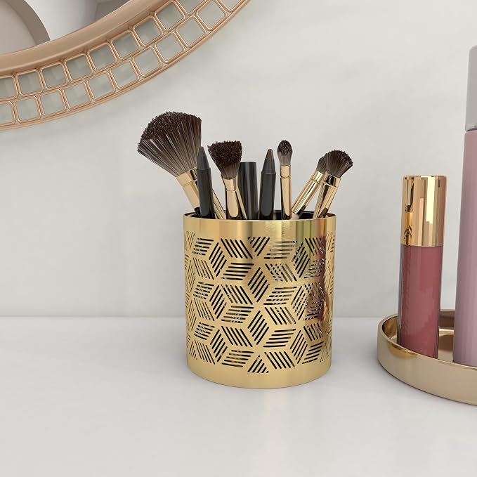 Deco 79 Metal Geometric Pencil Cup with Laser Carved Design, 4" x 4" x 4", Gold | Desk Storage Geometric Pen Holder With Laser Carved Design Pen Cup