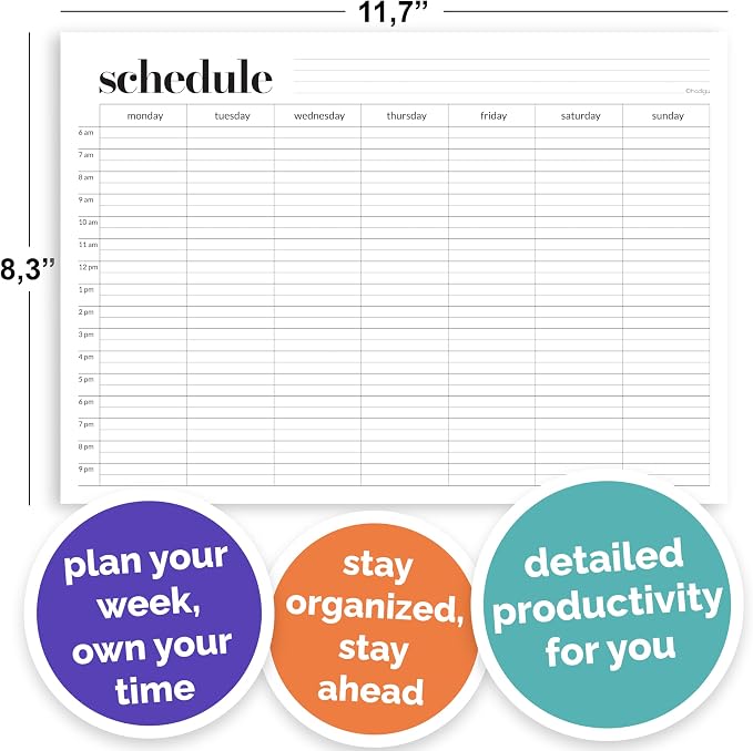 Weekly Schedule Pad, Tear Off Undated Weekly Planner Notepad, A4 Size (8,3" X 11,7"), Premium Thick Paper with Cardboard Back Support, Desk Planner by Hadigu