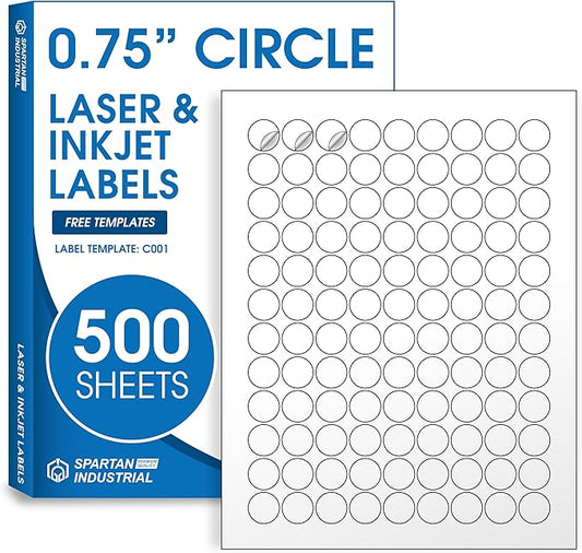 0.75" Printable Round Labels for Inkjet and Laser Printers - 54000 Blank Stickers, 500 Sheets for Price Tags, Thank You Stickers, QR Codes, Business Logos - Spartan Industrial Template C001