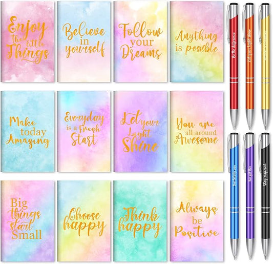Geyee 24 Pcs Mini Motivational Pens Inspirational Notepads Bulk Appreciation Gifts Small Journals Funny Ballpoint Pen Set Prizes Men Women Office Travel Party Favors(Pastel)