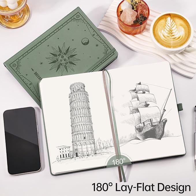 EMSHOI Blank Journal Notebook, 192 Pages, A5 Size (5.7'' x 8.3'') | Leather Hardcover, 100 GSM Thick Paper, Unlined, Plain, for Sketching, Drawing, Painting, Sun Debossed (Light Green)