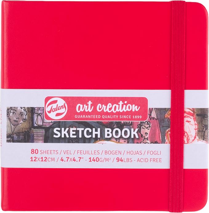 Talens Art Creation Sketchbook Red 12X12 cm, 140 Grams | Hard-Bound Pocket Notebook, 140 GSM/94 lbs Paper, Acid-Free Cream Blank Paper, Ribbon Bookmark and Elastic Closure