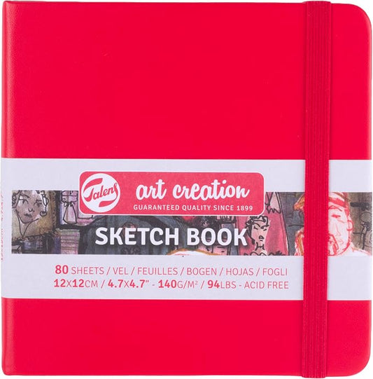 Talens Art Creation Sketchbook Red 12X12 cm, 140 Grams | Hard-Bound Pocket Notebook, 140 GSM/94 lbs Paper, Acid-Free Cream Blank Paper, Ribbon Bookmark and Elastic Closure