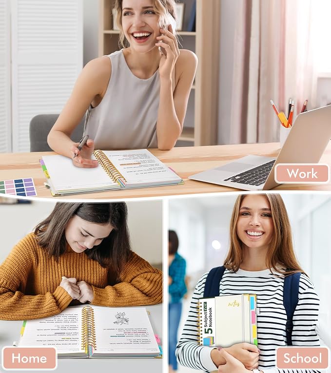 5 Subject Spiral Notebook Journal with Removable Dividers Tabs, 300 Pages Organizer Notebooks for Work School, 8"x10" Hardcover Leather Notebook College Ruled, Large Lined Journal for Women Men,White