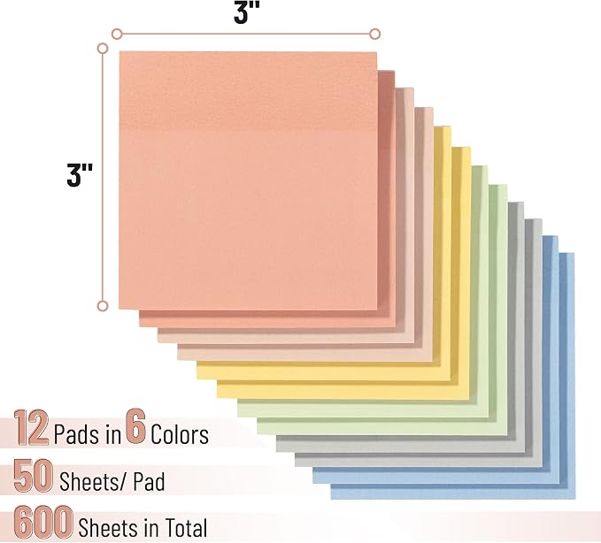 Mr. Pen- Sticky Notes, 3"x3", 12 Pads, 600 Sheets, Colorful | Sticky Notes Bulk, Self-Stick Note Pads, Perfect for Office, School, Home, Study & Organization
