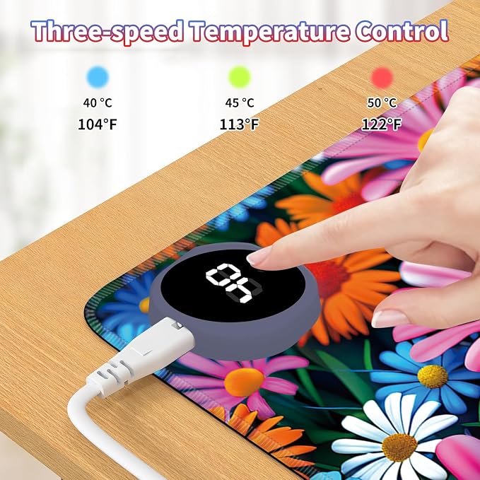 Heated Desk Pad Large Mouse Pad 31.5 x 13 inch with 3 Levels Heating & Auto Shut-Off Warm Mouse pad PU Leather Computer Mousepad for Home Office Work - Colorful Flowers and Butterflies