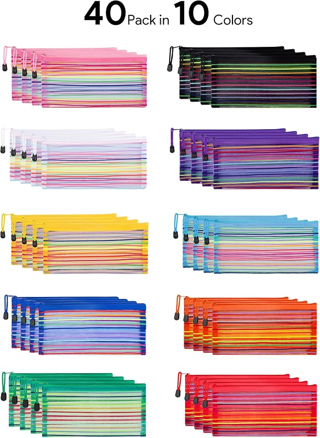 JARLINK Zipper Mesh Pouch, 40 Pcs multi-use Pencil Pouches in 10 Colors | Multipurpose Pencil Pouch Bulk for School, Office Supplies, Cosmetics, Makeup&Travel Accessories, Mixed Color