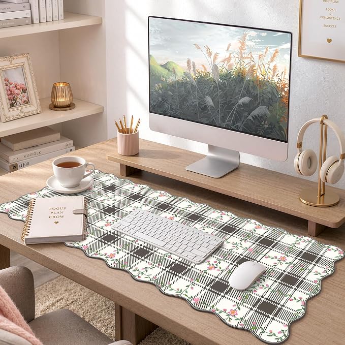 iCasso Retro Flowers Mouse Pad, XXL Large Leather Mouse Pad,Back to School Desk Matt for Desktop Protector, Anti-Slip Mousepad with Scalloped Stitched Edges for Laptop Computer Keyboard(Black)