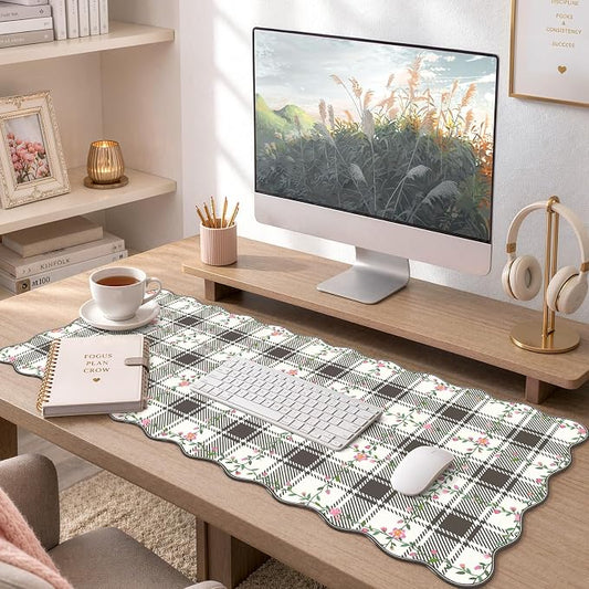 iCasso Retro Flowers Mouse Pad, XXL Large Leather Mouse Pad,Back to School Desk Matt for Desktop Protector, Anti-Slip Mousepad with Scalloped Stitched Edges for Laptop Computer Keyboard(Black)