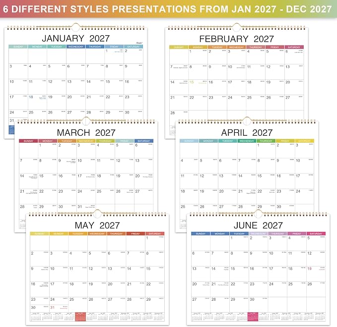 2027 Wall Calendar - Jan 2027 - Dec 2027, 12 Monthly Hanging Calendar 2027 Planner, 15" x 11.5", Spiral Binding, Yearly Overview, Holidays, Large Blocks, Perfect Organizer for Home & Office