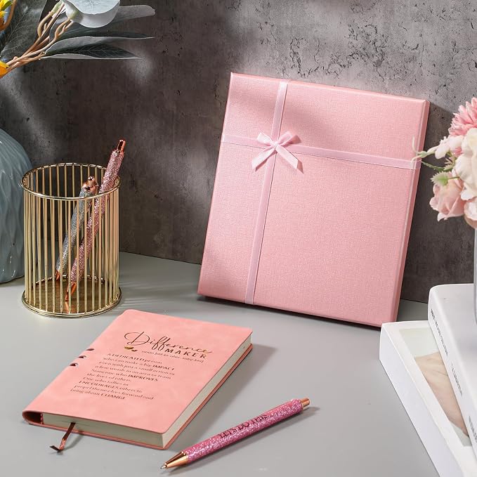 Thenshop 5 Pcs Difference Maker Gifts Journal with Pen Leather Notebook 3 Ballpoint Pens Box Thank You Gift for Nurse Boss Employee Coworker Teacher Volunteer Social Worker Assistant(Pink)