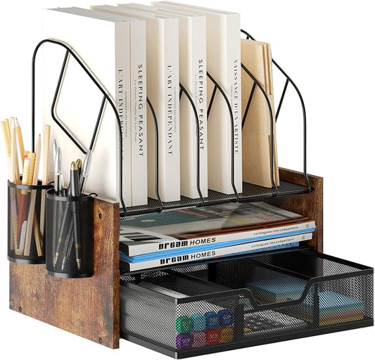 Desk Organizer with Drawer, Desktop File Organizer and Paper Tray Organizer with Vertical File Holder, Office Desk Accessories for Mail, Documents, Papers, Notebooks and Home Office Storage