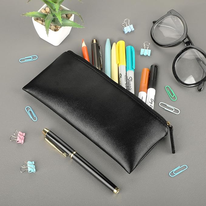 MROCO PU Leather Pencil Case, Small Zipper Pouch, Black | for Pencils, Pens, Markers, Makeup, Coins, Change, Water-resistant PU, Smooth zip, compact for school office travel