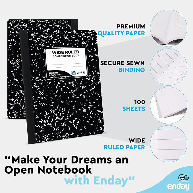 Enday Marble Composition Notebook Wide Ruled (2 Pack) 100 Sheets | Black Composition Notebook For Back to School, Home and Office
