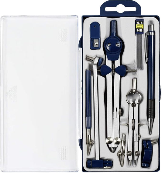 UNJOO 9Pc Geometry Set Metal Compass, Geometry Precision Tool (Blue) | Circle Drawing Tool and Architecture, Drafting Kits for Engineer with Shatterproof Storage Box