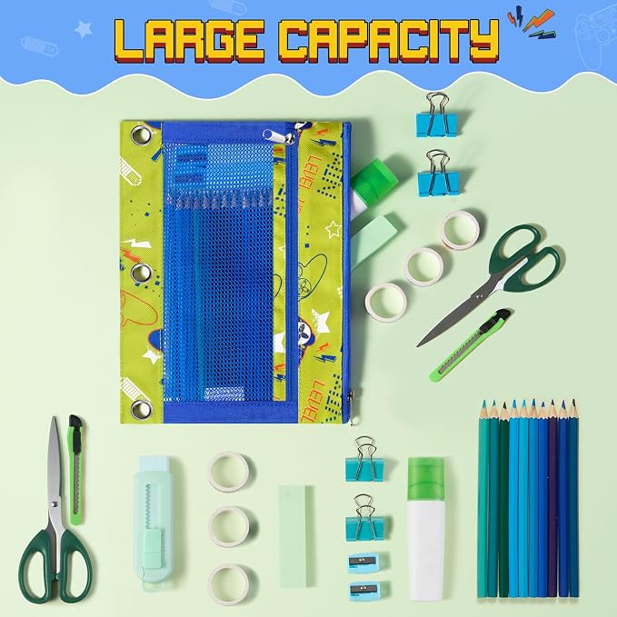 WAWSAM Game Pencil Pouch for 3 Ring Binder, Zipper Pencil Pouch for Boys | 2 Pocket Clear Window Pencil Case, 3 Ring Pencil Pouch for School Supplies, Pencil Bags for Office College