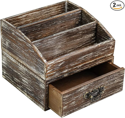 Office Desk Organizer with Drawers & Dark Brown Vintage Wood Desktop Storage Caddy 2pcs/set Workspace Supplies Farmhouse Mail Countertop Organizer Makeup Storage Box for Home Decor Supplies Vanity……