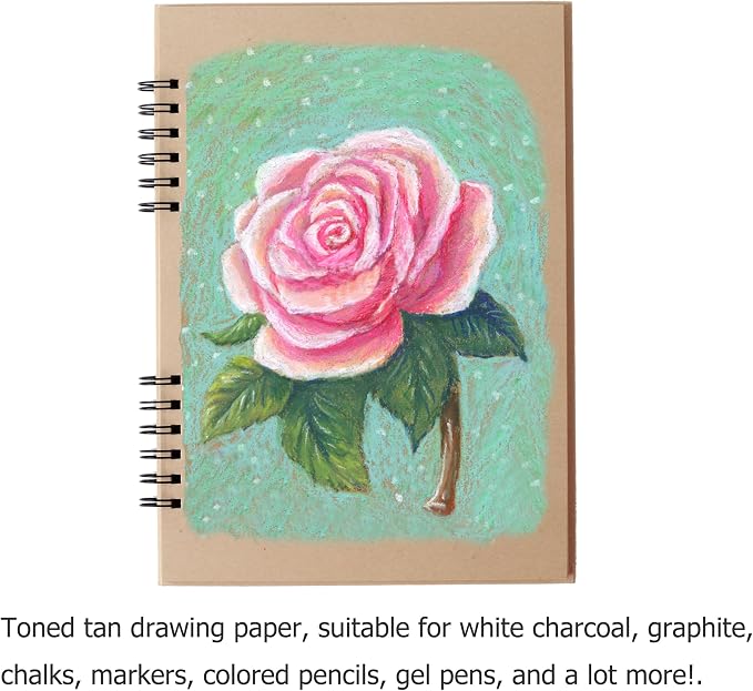 SuyuanArt A5 Toned Tan Sketch Pad, 5.5" x 8.5" (1 Pack, 50 Sheets) - Spiral Bound Mixed Media Sketchbook for Drawing, Doodling, Sketching & Painting - Acid Free, Artist Paper for Charcoal, Pencil, Pen