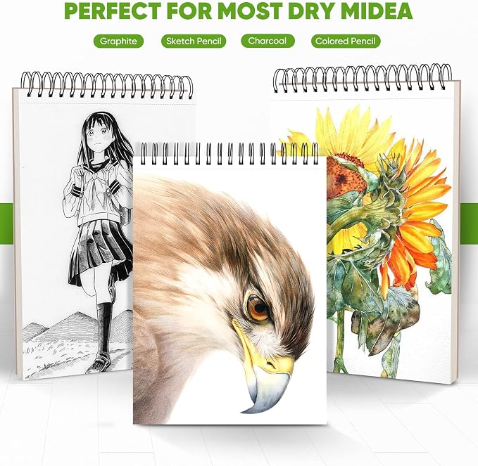 Soucolor 9x12 Sketch Book 2-Pack, 100 Sheets, Acid-Free Drawing Pads | Yop spiral-bound sketchbooks with 68lb acid-free paper,micro-perforated pages,& flat-lay design, great for kids and beginners