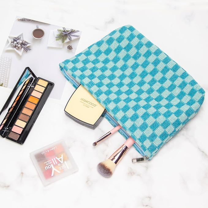 Checkered Makeup Bag for Purse, Small Flat Cosmetic Pouch,Lake Blue | Cute Zipper Makeup Organizer for Women, Travel Essentials, Toiletries, Makeup Brushes, Beauty Accessories&Bridesmaid Gifts