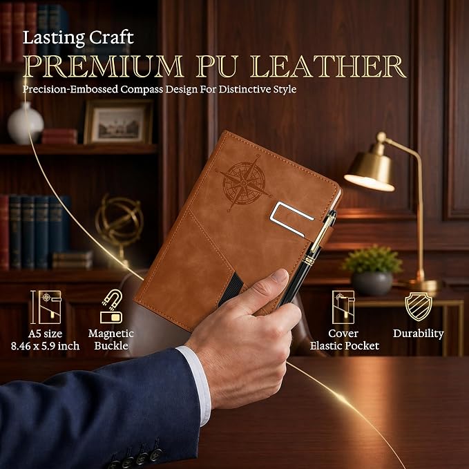 Lined Notebook Journal for Men Women, College Ruled Notebook, Hardcover Leather Journal with Pen & Gift Box, 256 Pages Thick Daily Diary, Professional Notebooks for Work, School, Business, Writing, A5