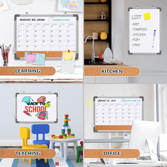 Monthly Calendar Whiteboard for Wall, 17x13 Inches Dry Erase Board with Cork Board Combo, Small Magnetic White Board, Double-Sided Hanging Portable Board for Office School Home Kitchen Planner Memo