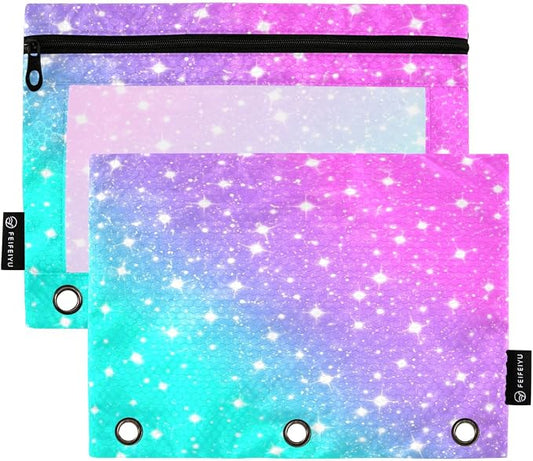 Gredecor 3 Ring Binder Pencil Pouch, Gradient Sparkles Glitter Zippered Pen Case Pouches with Clear Window, 2 Pack Stylish Office & School Supplie