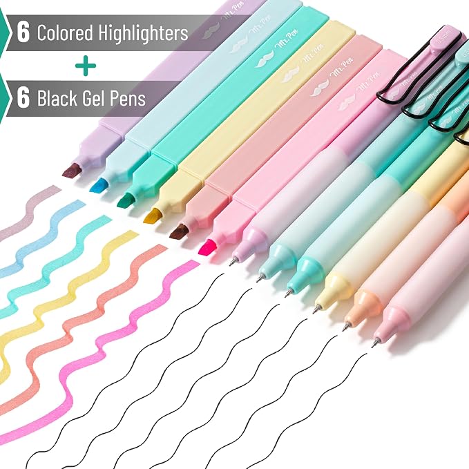 Mr. Pen- Aesthetic Highlighters and Gel Pens, 12 Pack | Pastel Colors Bible Highlighters No Bleed, Pastel Ink Gel Pens, Fast Dry and No Smear for Bible Journaling, Planner