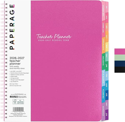 PAPERAGE Teacher Planner, Weekly & Monthly Academic Planner & Calendar, 12-Months, July 2026 - June 2027, (9.5" x 11"), Teacher Lesson Planning Book with Tabs, Stickers & Inner Pocket, Raspberry