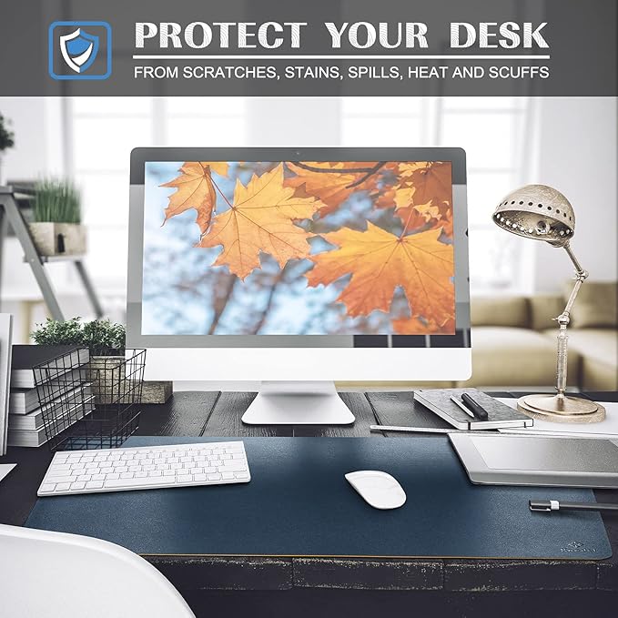 K KNODEL Large Office Desk Mat, Leather Mouse Pad (31.5"x15.7", Dark Blue) | Desk Pad, Keyboard Pad, Computer and Laptop Mat, Desktop Protector and Cover, Writing Pad and Blotter for Home Office