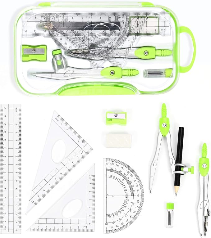 Unjoo Geometry Set 10 Pcs Student Supplies, Protractor and Compass (Green） | Shatterproof Storage Box,Rulers,Protractor,Compass,Eraser,Pencil Sharpener,Lead Refills,Pencil,for Classroom, Back to School