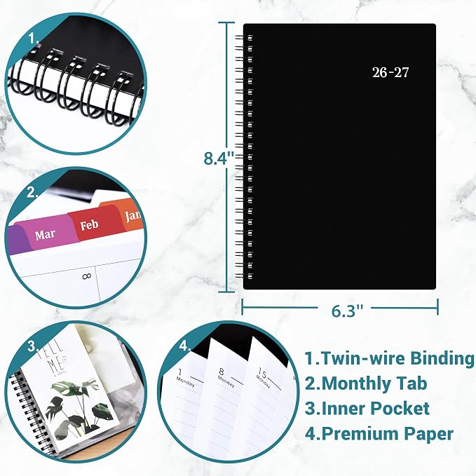 Academic Planner 2026-2027, July 2026 - June 2027, 6.3" x 8.4" | 26-27 Planner Weekly and Monthly, Colorful Tabs, PP Cover, A5 Thick Paper, Twin-Wire Binding - Black