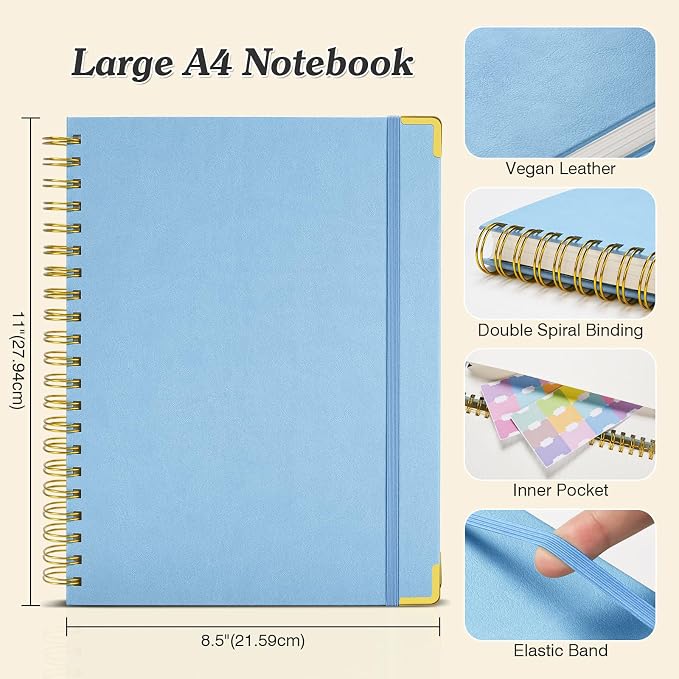 Spiral Notebook 8.5" x 11",300 Numbered Pages Lined Notebooks College Ruled | Hardcover Leather Journal for Women Men, 100GSM Thick Journals for Writing with Tabs,Super Large A4 Notebooks for Work School