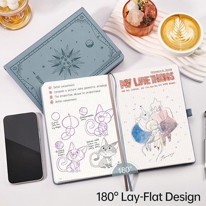 EMSHOI Dotted Journal Notebook, 192 Pages, A5 Size (5.7'' x 8.3'') | Leather Hardcover, 100 GSM Thick Paper, for Journaling, Planning, Tracking & Sketching, Sun Debossed (Gray Blue)