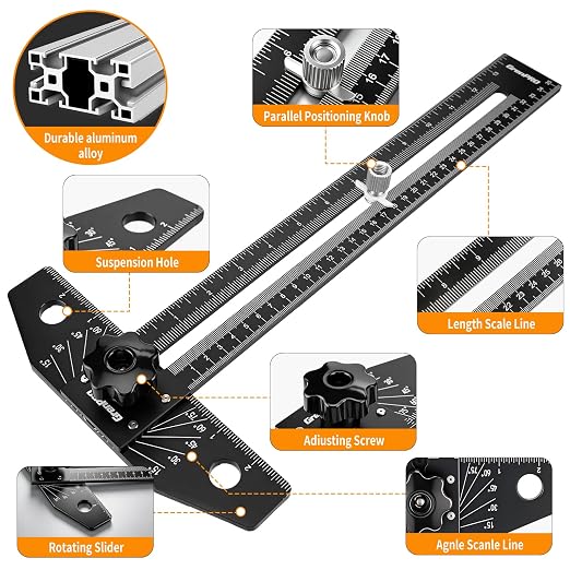 GRENPRO Combination Speed T-Square Ruler Angle Finder Woodworking Tools | Carpenter Pencil, 12" Metal Ruler, High Precision, Angle Adjustable, Dual Scales (in/cm), Aluminum Alloy, All-in-One Tool