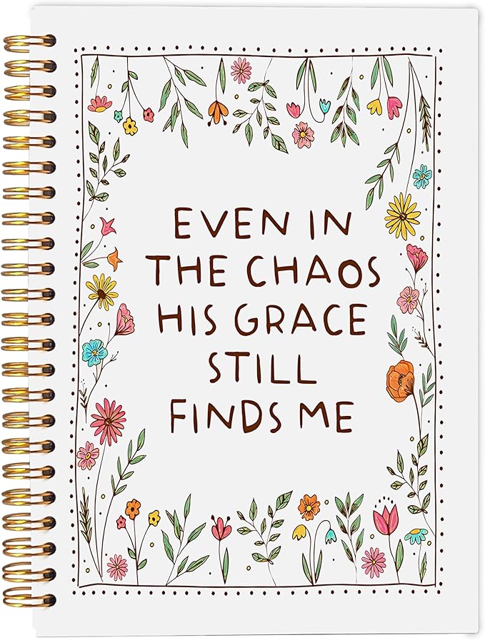 Christian Floral Notebook Journal, Inspirational Bible Verse Notebook, Christian Gifts for Women, Even in the Chaos His Grace Still Finds Me Spiral Journal 5.5x8.3 Inch