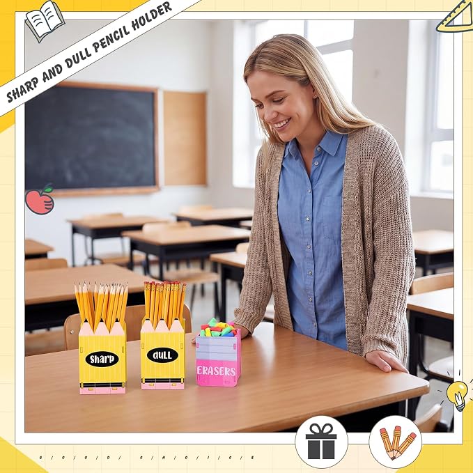 DoubleFill 3 Pcs Sharp and Dull Pencil Holder Eraser Buckets Wooden Shaped Dispenser for Back to School Teachers Classroom Management (Sharpened Pencil)
