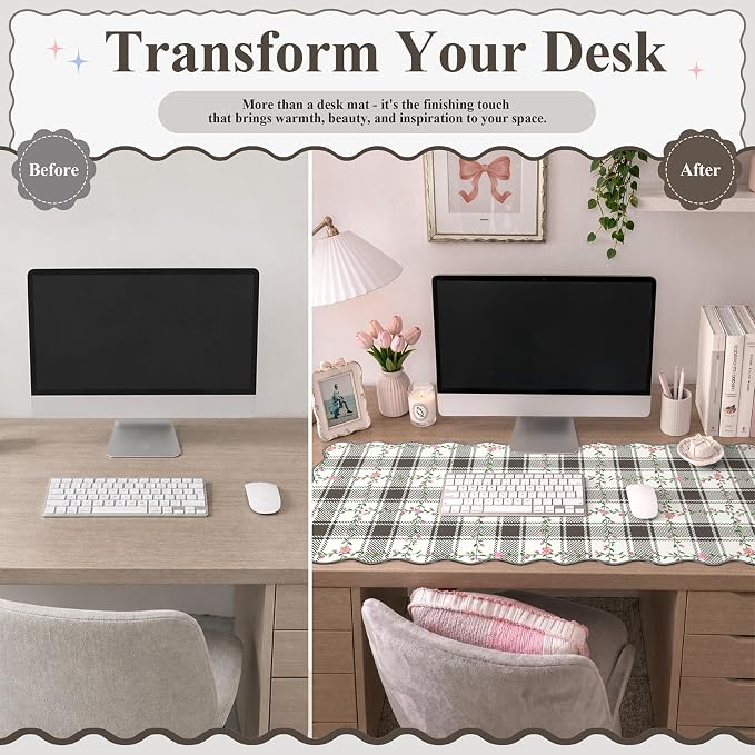 iCasso Retro Flowers Mouse Pad, XXL Large Leather Mouse Pad,Back to School Desk Matt for Desktop Protector, Anti-Slip Mousepad with Scalloped Stitched Edges for Laptop Computer Keyboard(Black)