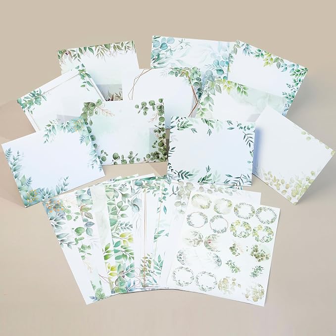Stationery Paper Envelopes Set 160 Pcs - 50 Lined Writing Paper, 50 Envelopes, 60 Dot Stickers, Vintage/Floral/Leaf/Watercolor Multi-Style Options (STATIONERY-160PCS-LEAF)