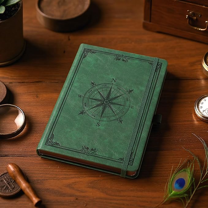 AHGXG Thick Dotted Notebook, 320 Numbered Pages, A5 (5.75'' X 8.38'') | Journal for Writing, 100gsm Dot Paper, Vintage Leather Hardcover, for Women Work Office School (Dark green)