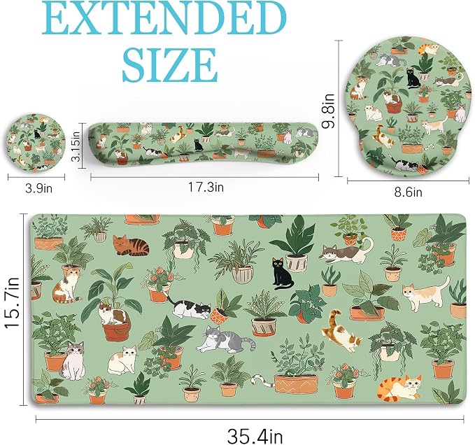 LIMKRIAN Cat Ergonomic Mouse Pad XXL Desk Mat Set, Green Desk Accessories | Mouse Pad with Gel Wrist Rest, Large Gaming Mousepad, Wrist Support Keyboard Mat , Coaster, Cute Office Desk Decor Women