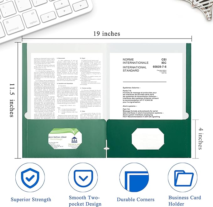 Zzrywuty File folders with Pockets,Green Two folders for documents,50 Pack Paper Folders with Card Slot,Letter Size,School Students,Business,Home and Office Workers