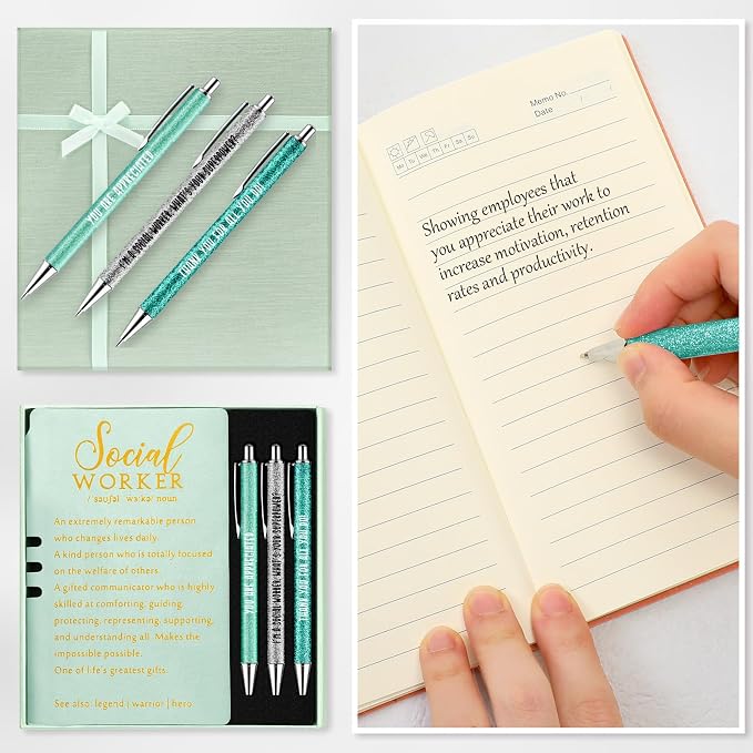 Resurhang 5 Pcs School Social Worker Must Haves Office Supplies Gift Leather Journal Notebook 3 Ballpoint Pens with Box Thank You Social Work Appreciation Gift for BSW MSW DSW(Green)