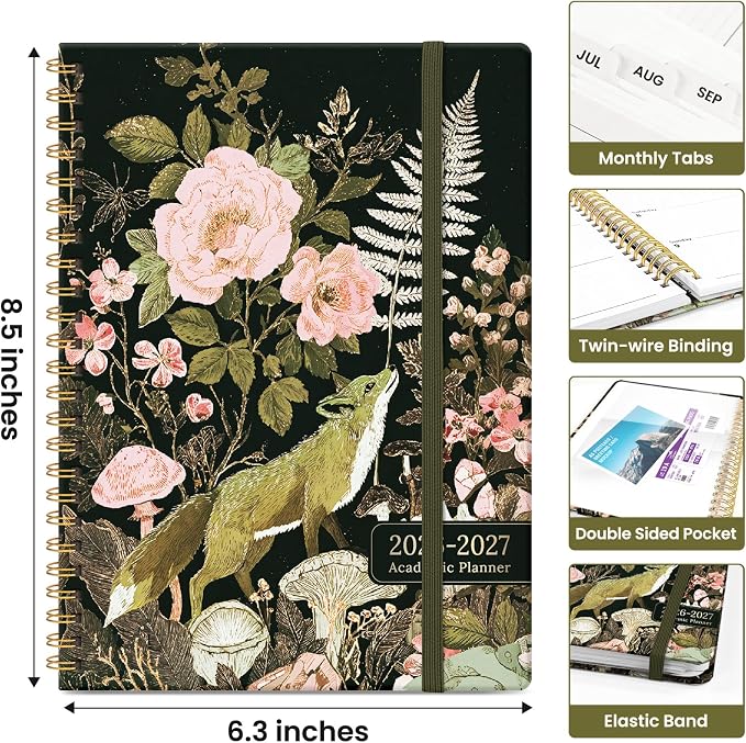 Planner 2026-2027, Academic Year Monthly and Weekly Calendar Planner, Jul 2026 - Jun 2027, Hardcover Teacher Student Planning Agenda book with Tabs, Perfect for School Office Supplies, 6.3" x 8.5" - Wildwood Fox