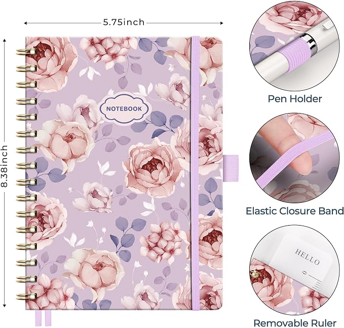 AHGXG Spiral Journal Notebook, 160 Lined Pages, A5 Size (5.7'' x 8.3'') | for Women, Journaling, Writing, Work & Office, Hardcover, 100 GSM Thick Paper (Lavender Pink Peony)
