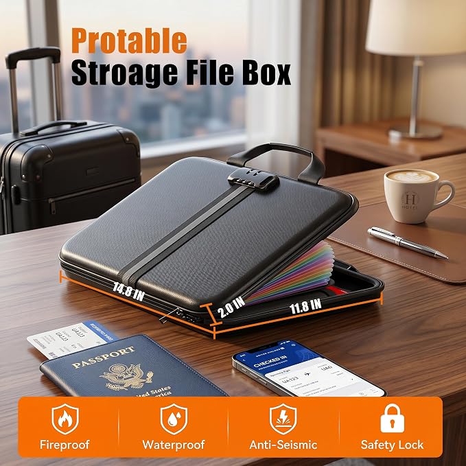 Fireproof Document Organizer with Lock, Rigid EVA File Box with 13-Pocket Accordion Folder for Important Documents & Tablets under 11", Lightweight Safe Storage for Home, Office & Travel (Small Size)