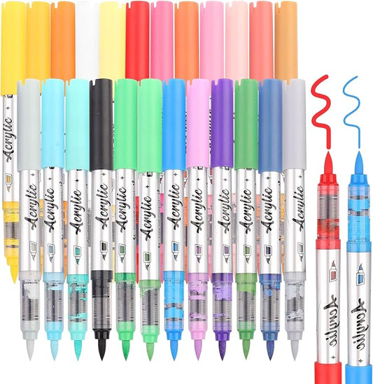 24 Colors Acrylic Paint Markers, Dual Tip Acrylic Paint Pens with Brush Tip, Water Based Ink for Rock Painting, Wood, Stone, Glass, Ceramic, Canvas, Metal Fabric DIY Crafts